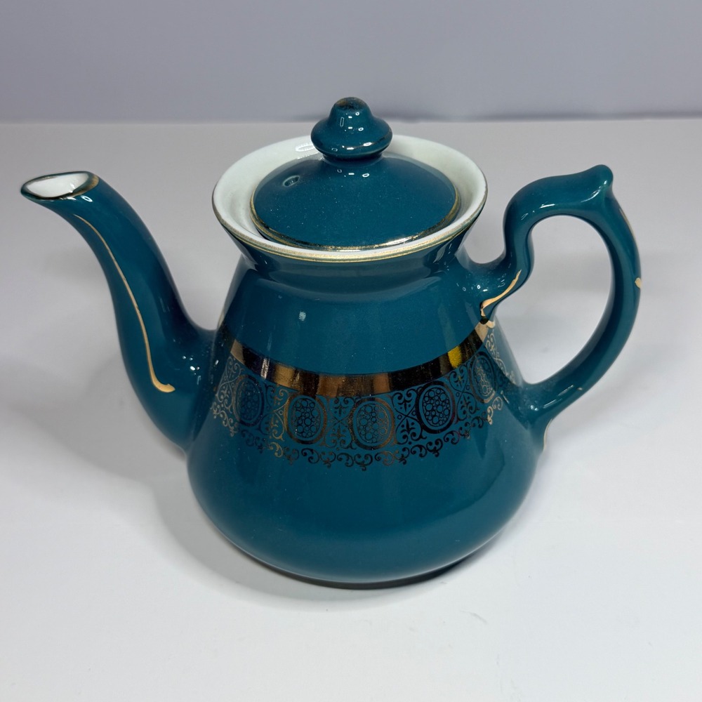 Hall China Teal Blue Gold Filigree 3 Cup Teapot Vintage Made in USA 6 inch